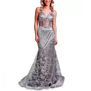 Dear Moon All Over Silver Glitter Mesh Gown